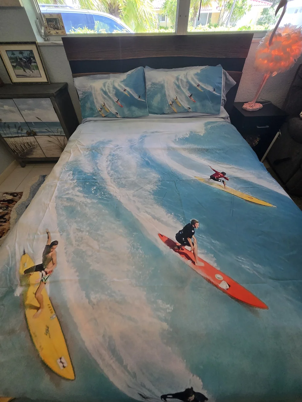 Surfboard Scene Blue Wave Duvet Cover with Surfing Print